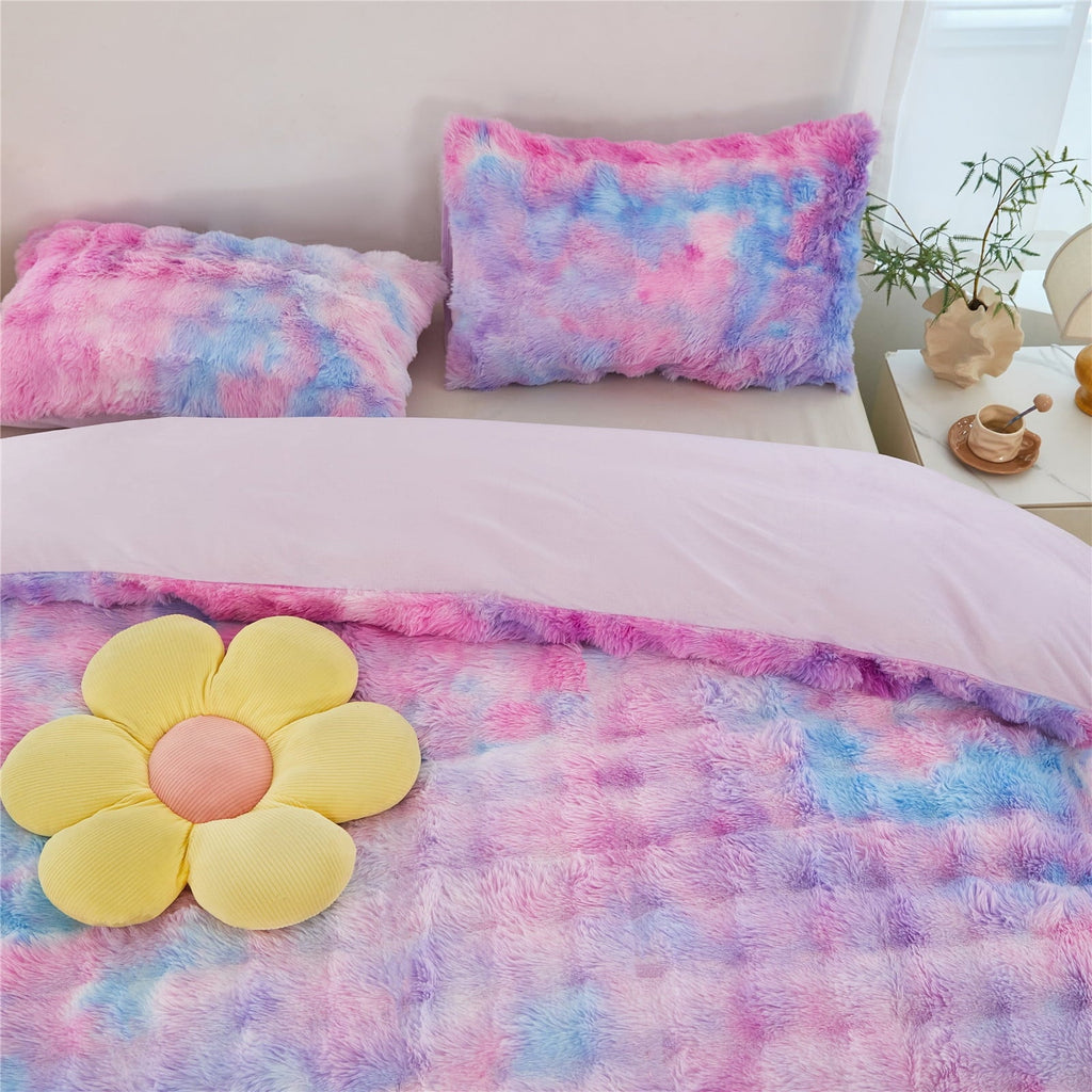 All-Season Faux Rabbit Fur Comforter Set Twin 3Pcs Girls Blue Purple Bedding Set Tie-Dyeing Soft Bed Comforter Set Warm Fuzzy Ki... - Luxurious Quilted Duvet Cover Set Detail