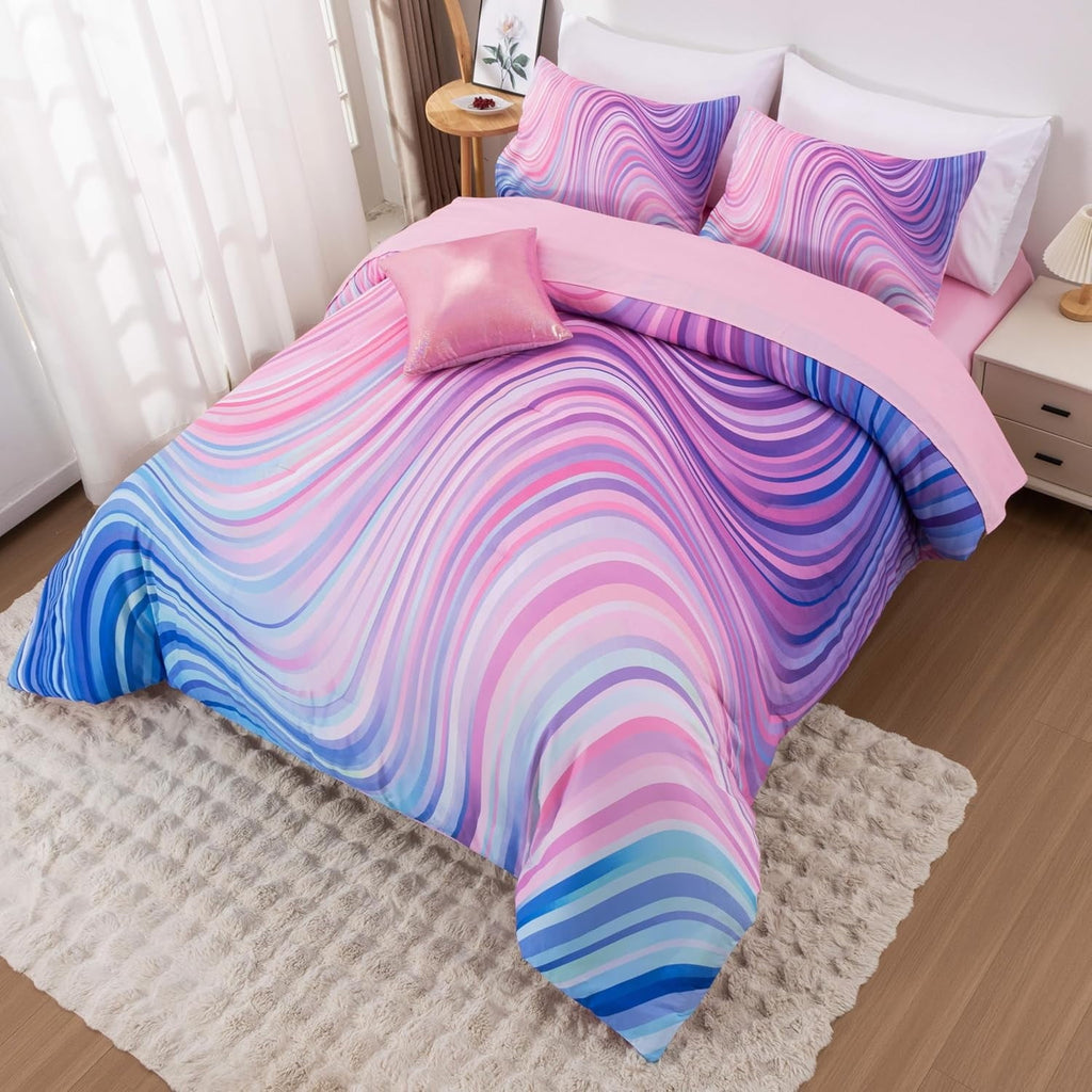 All-Season 6 Pieces Gradient Star Ring Comforter Set, Colorful Glitter Rainbow Wave Stripes Pattern Bedding Set for Boys Girls T... - Cloud-Like Soft Lightweight Bed Comforter Detail