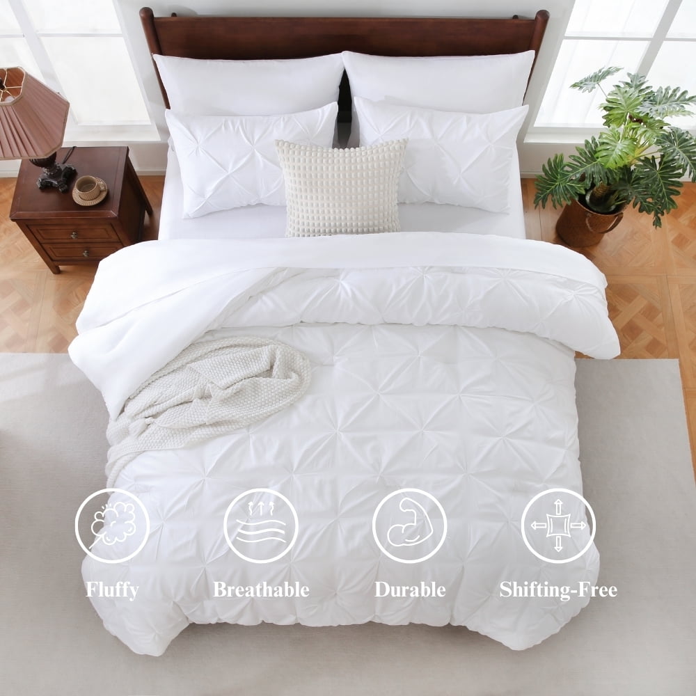 All-Season 7 Pieces Pinch-Pleated Comforter Set, White Queen Size - All-Season Down Alternative Comforter Insert Detail