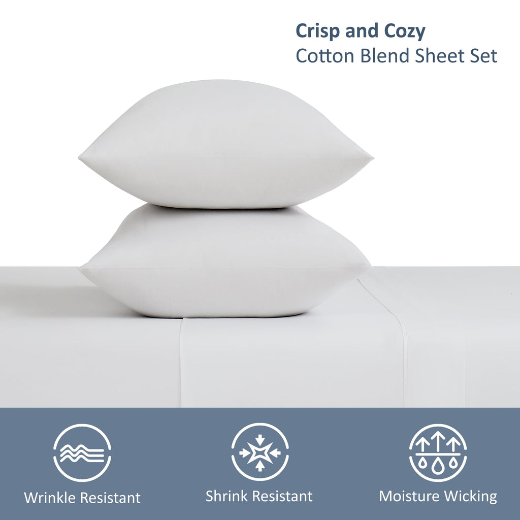 Wrinkle-Resistant 4-Piece 300 Thread Count White Cotton Blend Percale Bed Sheet Set, Queen - Luxury Bed Sheet Set with Deep Pockets Detail
