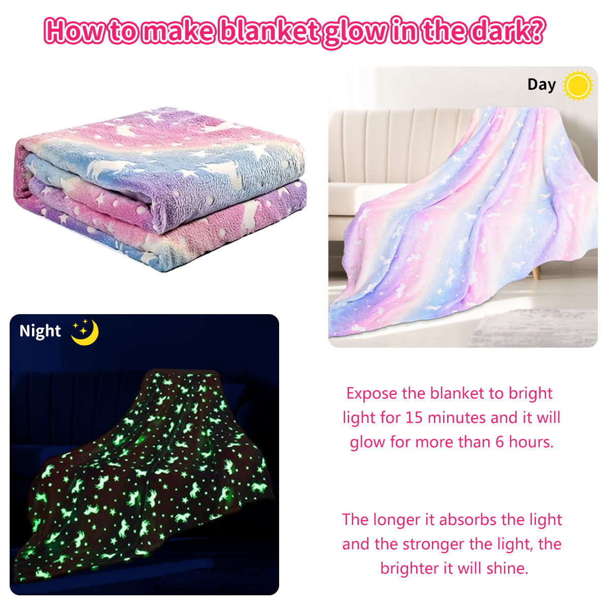 Super Soft Flannel Glow in The Dark Pony Blanket for Kids, 50"x60" Soft Cozy Luminous Flannel Blanket, Christmas Birthday Gift for Girls... - Cozy Fleece Throw Blanket for Couch & Bed Detail