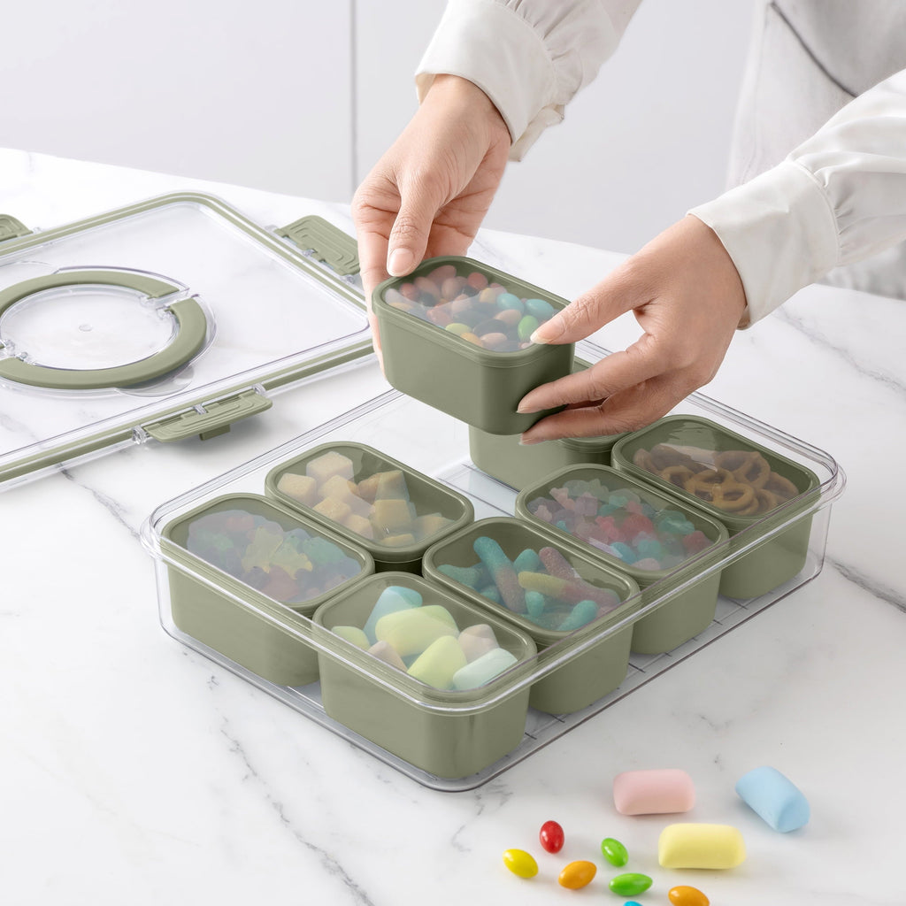 Fun Food Fidget 8-Compartment Snackle Box, Charcuterie and Snack Container, Divided Serving Tray with Lids and Handle, Dishwasher Saf... - Playful Star & Heart Shaped Geometric NeeDoh Detail