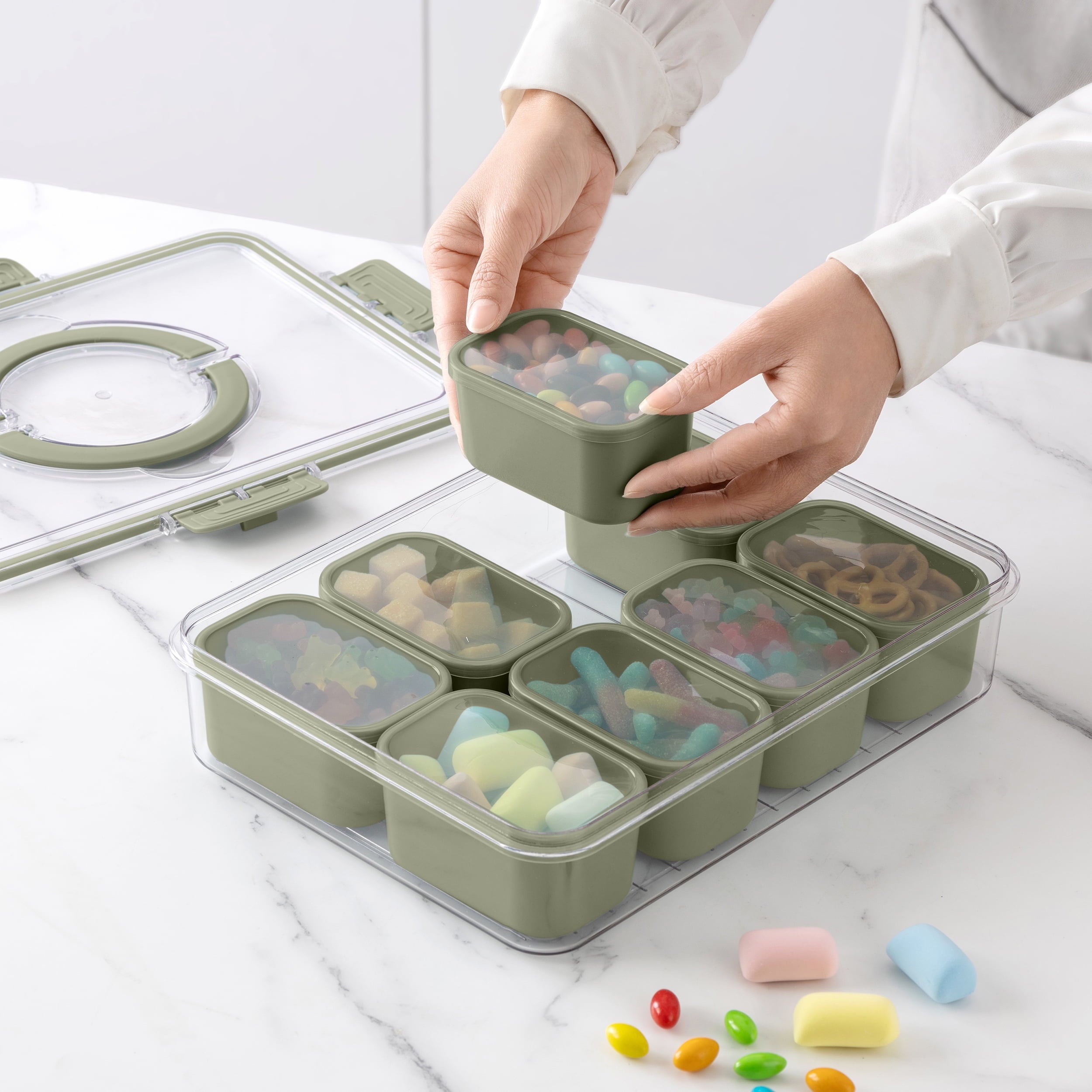 Fun Food Fidget 8-Compartment Snackle Box, Charcuterie and Snack Container, Divided Serving Tray with Lids and Handle, Dishwasher Saf... - Playful Star & Heart Shaped Geometric NeeDoh Detail