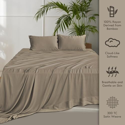 Wrinkle-Resistant Home 4-Piece Queen Bamboo Bed Sheet Set, 100% Organic Cooling Fabric, 16" Deep Pocket, Taupe - Cooling Hotel Quality Bedding Sheets and Pillowcases Detail