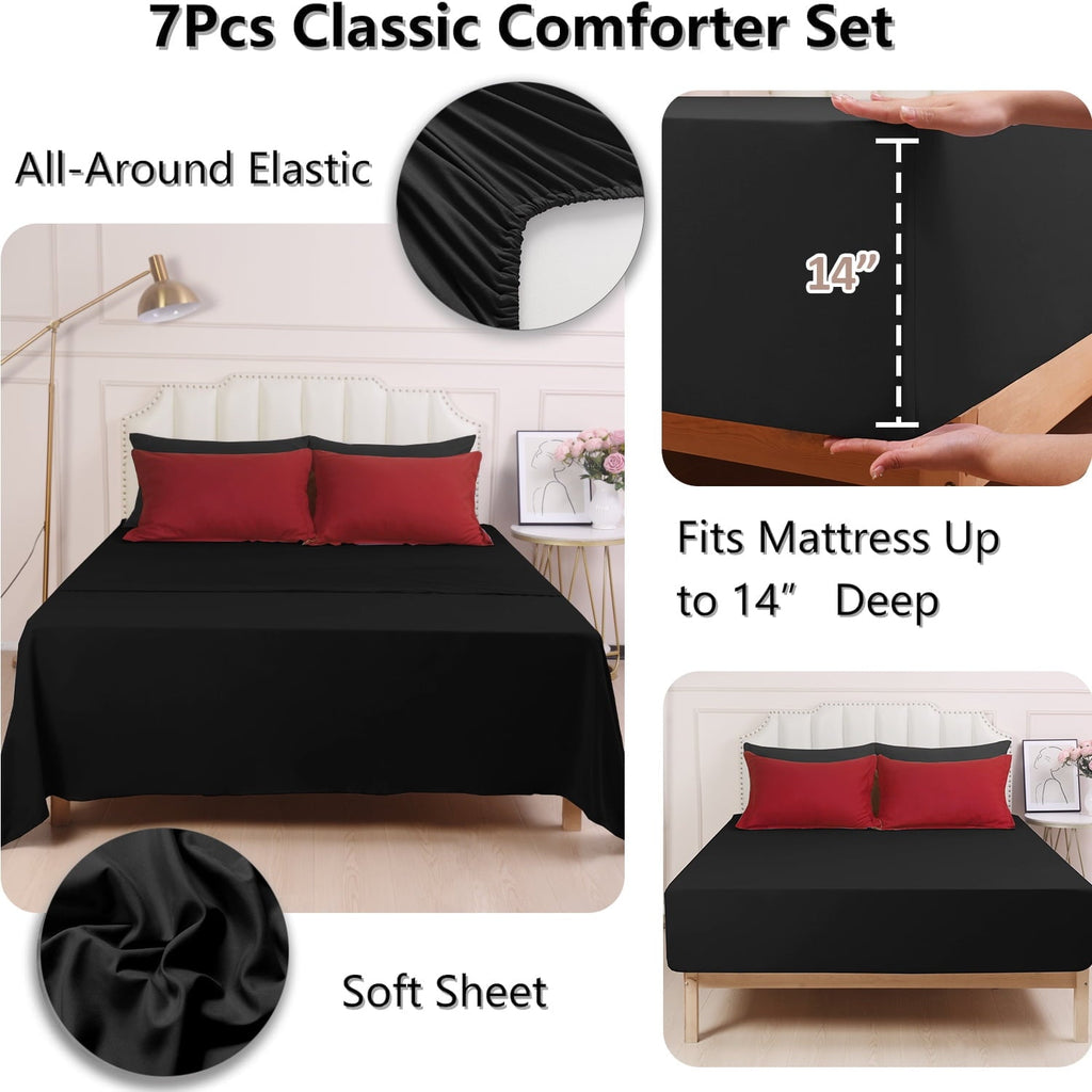 All-Season 7 Piece Reversible Queen Comforter Set - Red Quilted Down Alternative Bedding All Season Super Soft Microfiber Bed in... - Cloud-Like Soft Lightweight Bed Comforter Detail