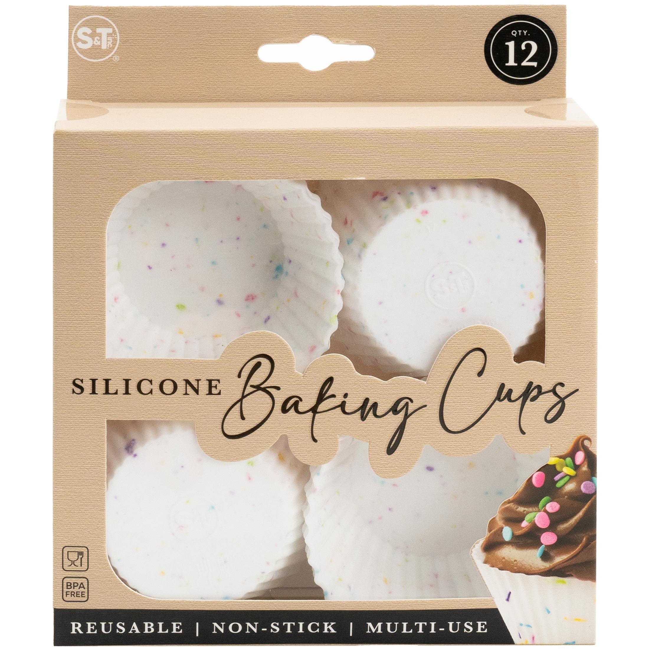 Premium Kitchen Reusable Non-Stick Silicone Baking Cups (12 Pack) - Standard Size - Confetti - Premium Stainless Steel Garlic Presser & Peeler Detail