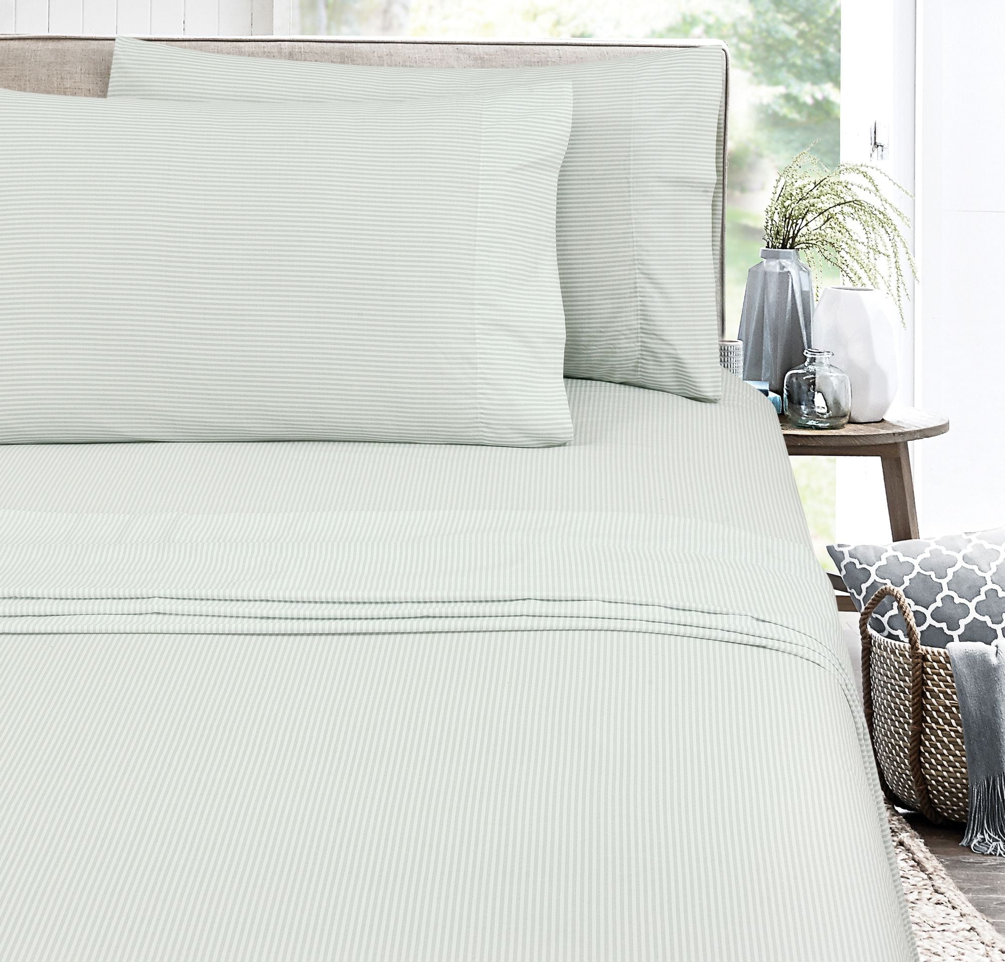 Ultra-Soft Easy Care 300 Thread Count Cotton Rich Percale Sheet Set, King, Grey Stripes - Luxury Bed Sheet Set with Deep Pockets Detail