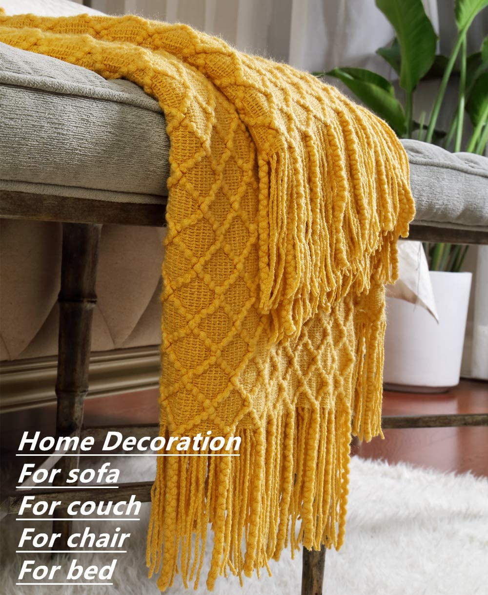 Super Soft Flannel Decorative Soft Spring Summer Fall Throw Blanket ,for Couch Sofa Chair Bed,50''X60'',Mustard Yellow - Luxury Knitted Decorative Throw Blanket with Fringes Detail