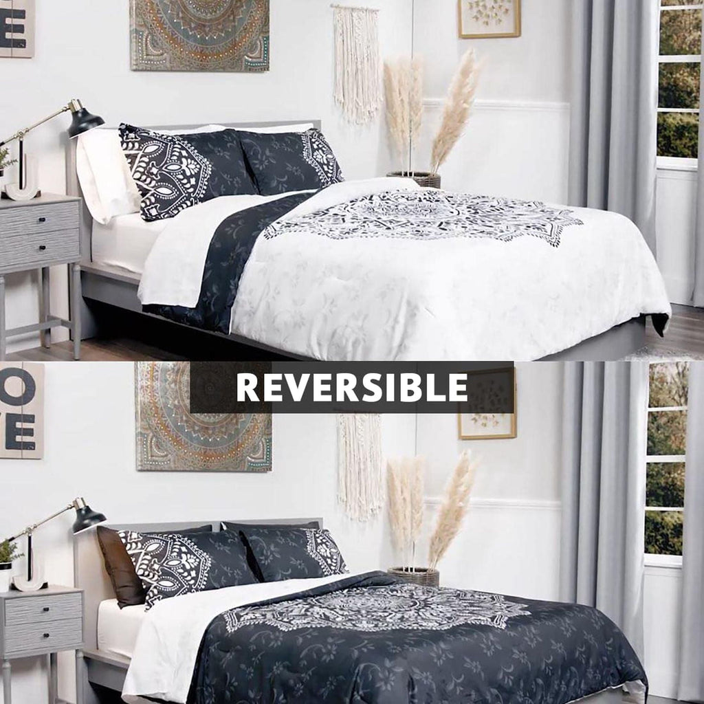 Luxurious Quilted Queen Comforter Set, Bedding Comforter Set Queen Size W/ Side Pockets, Black, 9 Pieces - Cloud-Like Soft Lightweight Bed Comforter Detail