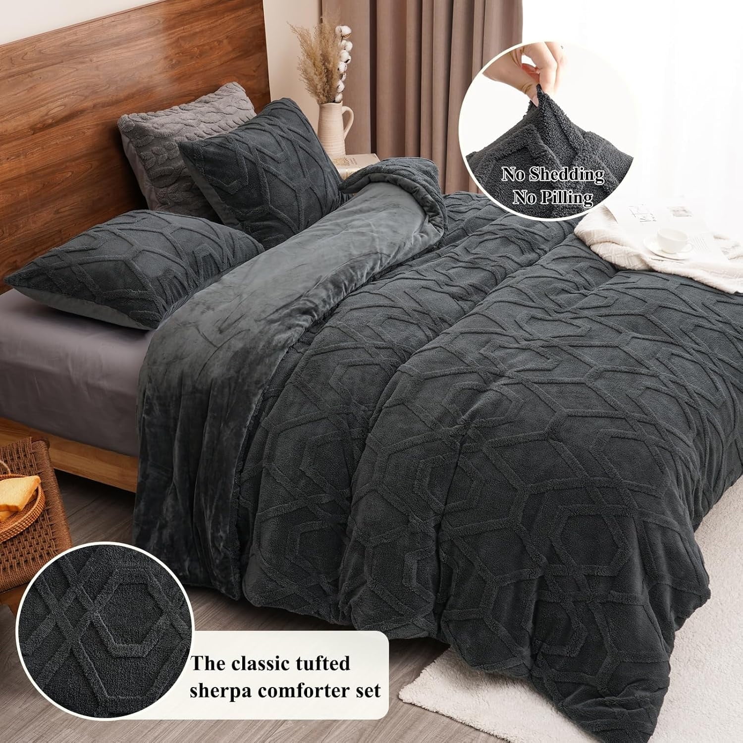 Fluffy Down Alternative Warm Sherpa Fleece Queen Comforter Set, 3D Tufted Fluffy Dark Grey Bedding for Winter, Soft 3 Pieces Shaggy Bed Set, ... - Luxurious Quilted Duvet Cover Set Detail