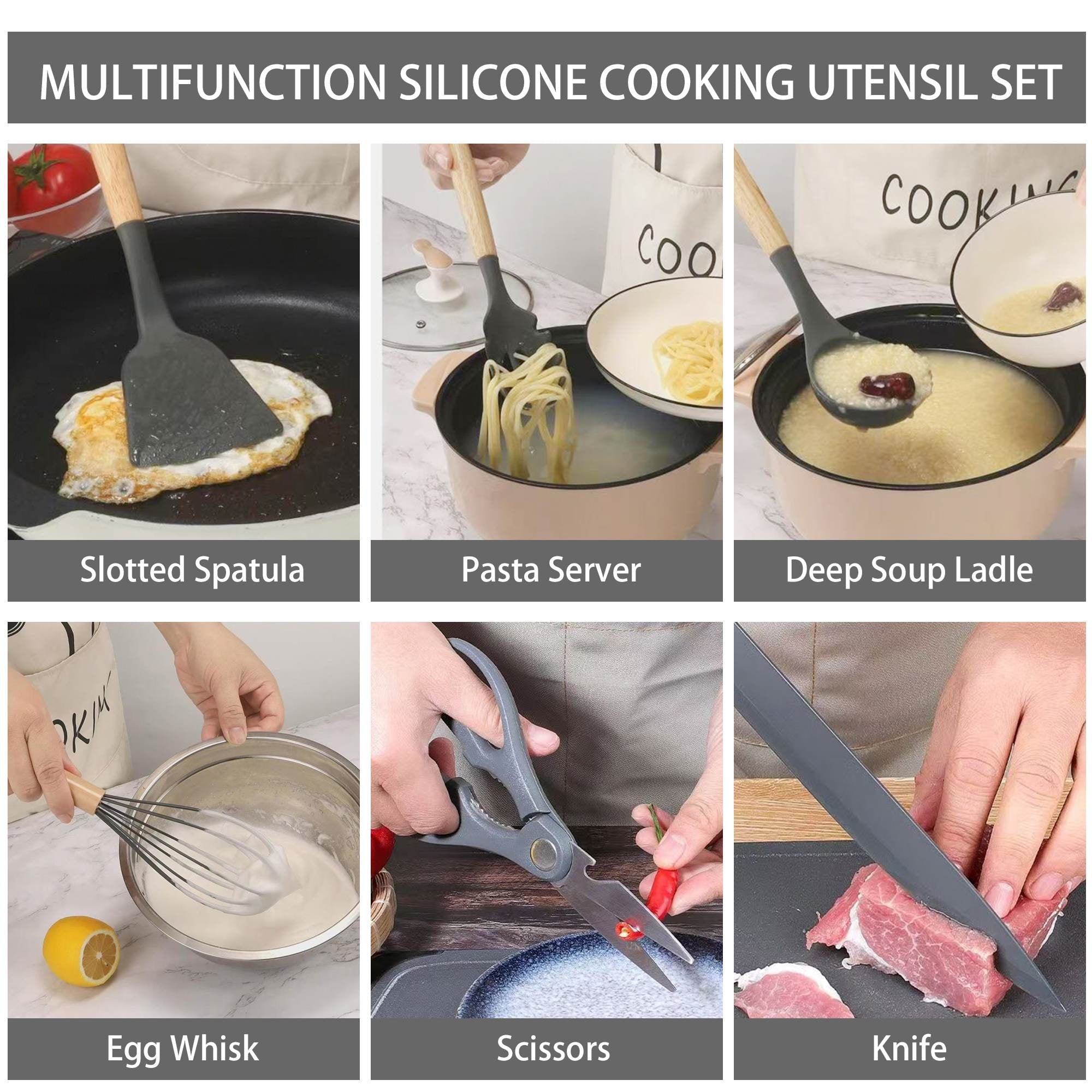 Premium Silicone 19-Piece Silicone Kitchen Utensil & Knife Set - Heat-Resistant Cooking Tools Non-Stick Safe Gift for Mom or Wo... - Premium Stainless Steel Cooking Utensil for Non-Stick Pots Detail