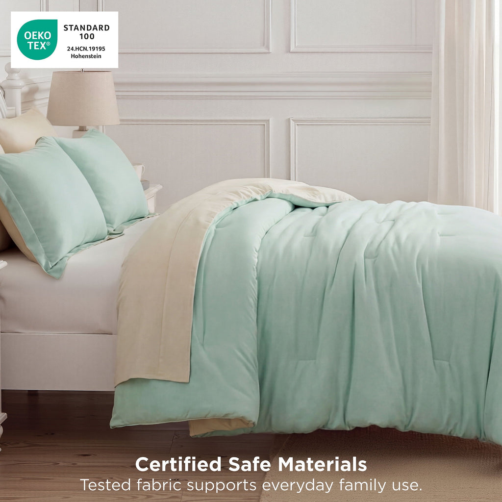 Luxurious Quilted Queen Comforter Set Sage Green, 7 Pieces Lightweight Queen Bedding Sets, Contrasting Design - All-Season Down Alternative Comforter Insert Detail