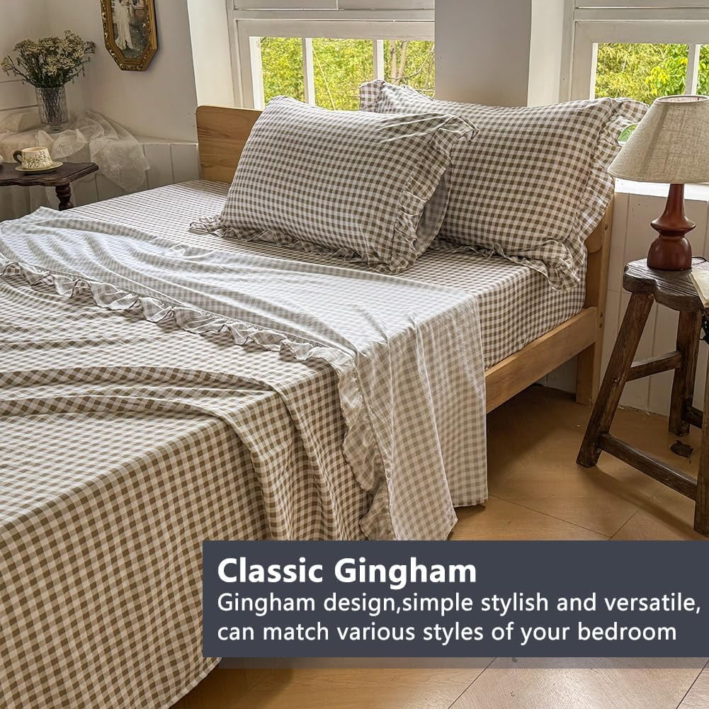 Premium Egyptian Cotton Tan Gingham Ruffle Queen Sheet Set, Taupe Soft Pre-Washed Microfiber Plaid Ruffled Queen Bed Sheets, 4-Pieces Farmhou... - Breathable Egyptian Cotton Flat & Fitted Sheets Detail
