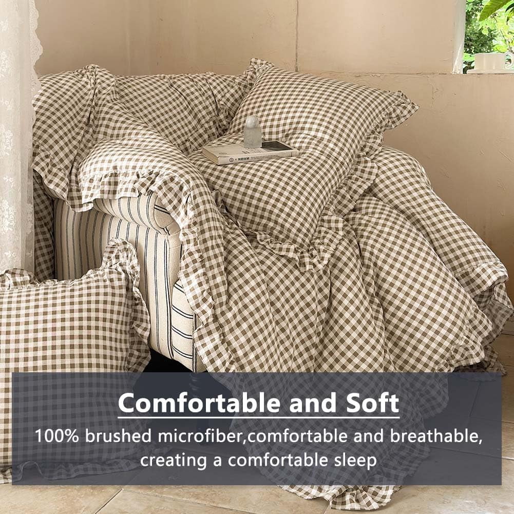 Fluffy Down Alternative Tan Gingham Ruffle Queen Comforter Set, Taupe Ruffled Plaid Bedding Set, Ruffled Checked Bed Comforter 3 Pieces(Tan G... - All-Season Down Alternative Comforter Insert Detail