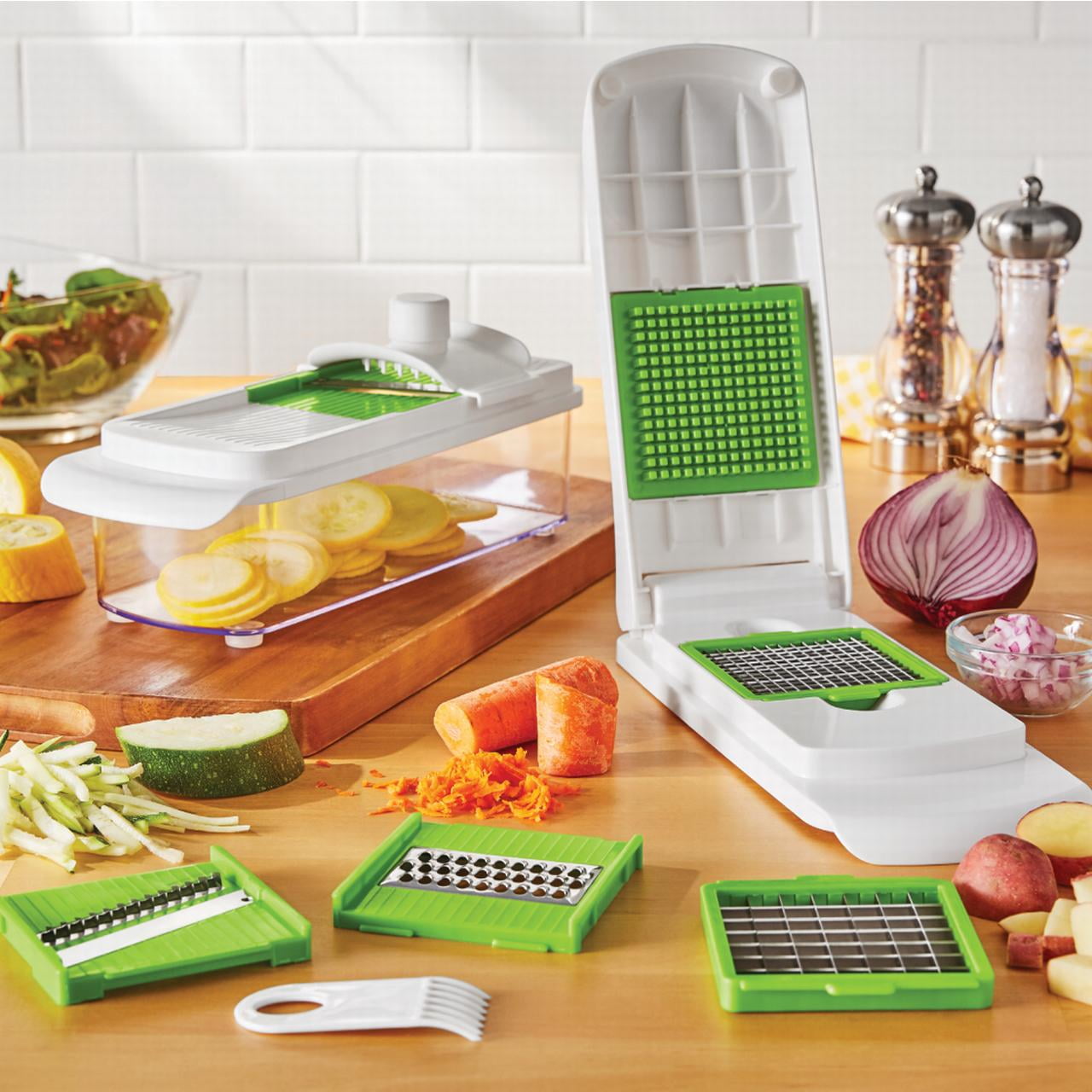 Premium Kitchen 11 Pieces Multi-Function Nice Dicer and Mandoline, Stainless Steel, Green Glaze, 820g - Multi-Functional Manual Food Chopper & Slicer Detail