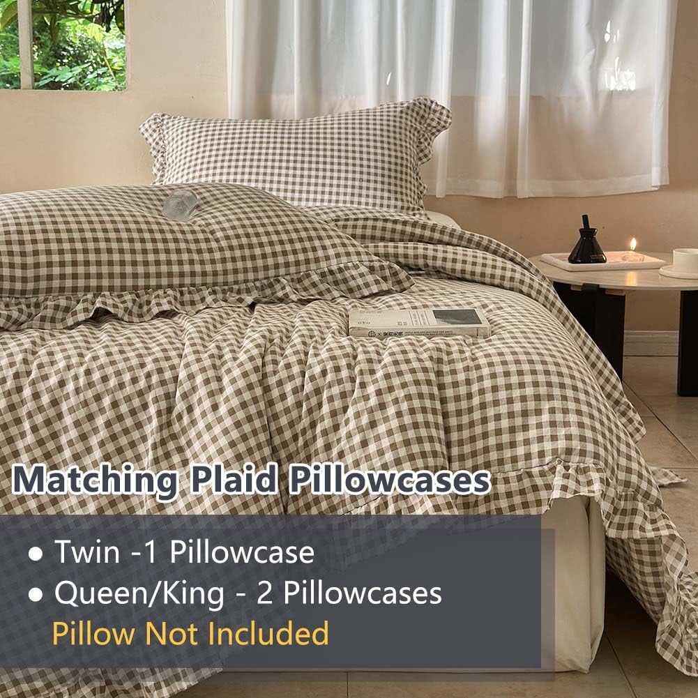 Fluffy Down Alternative Tan Gingham Ruffle Queen Comforter Set, Taupe Ruffled Plaid Bedding Set, Ruffled Checked Bed Comforter 3 Pieces(Tan G... - All-Season Down Alternative Comforter Insert Detail