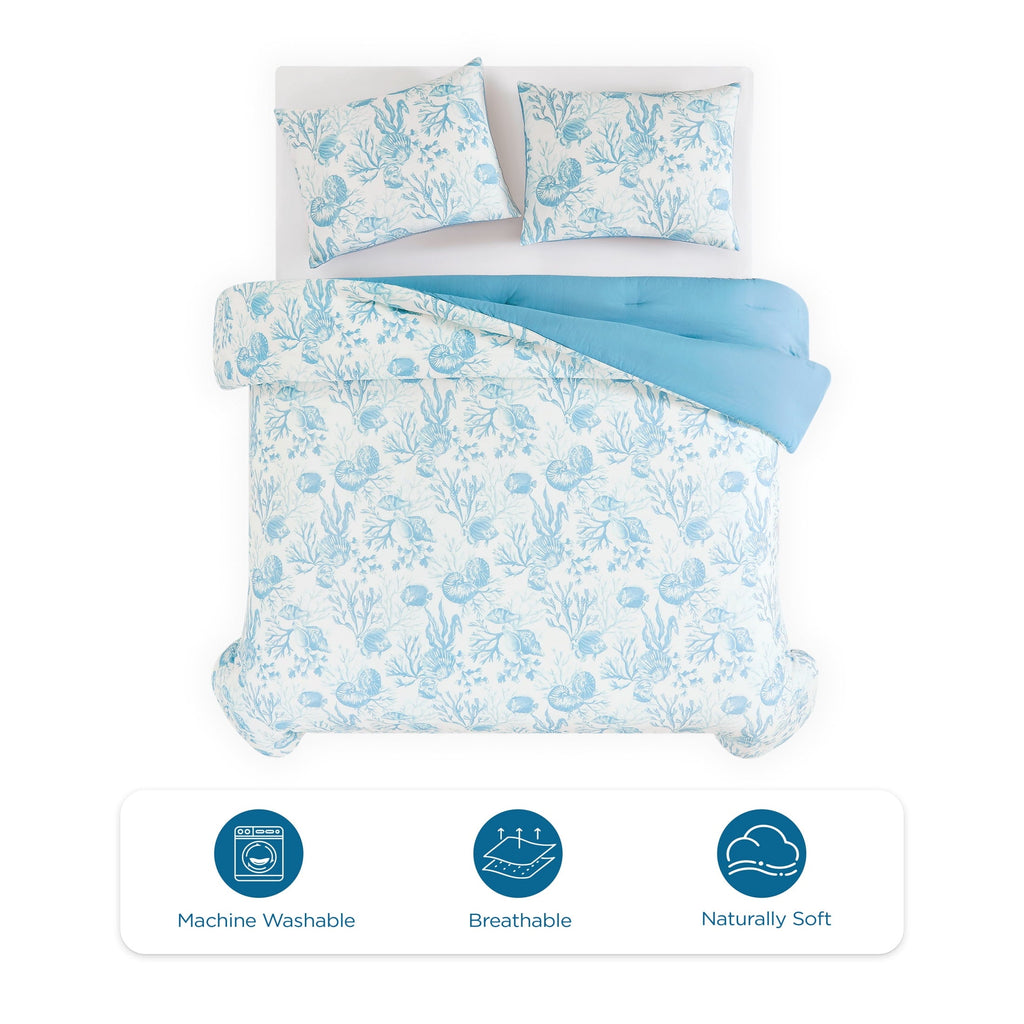Hypoallergenic Cloud 3-Piece Lightweight 100% Cotton Blue & White Ocean Print Comforter Set, Full/Queen - Hypoallergenic Ultra-Fluffy Quilt for Winter Detail