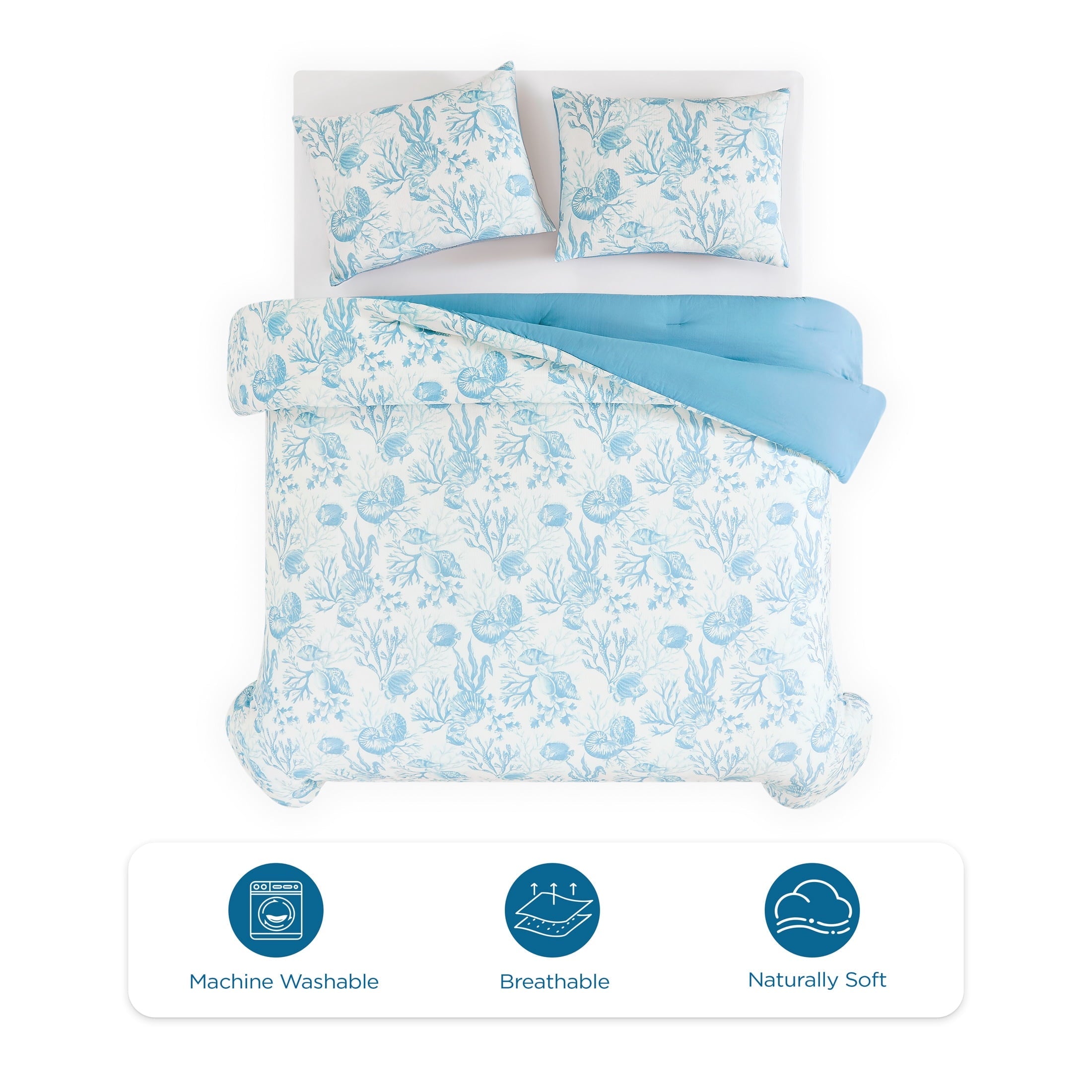 Hypoallergenic Cloud 3-Piece Lightweight 100% Cotton Blue & White Ocean Print Comforter Set, Full/Queen - Hypoallergenic Ultra-Fluffy Quilt for Winter Detail