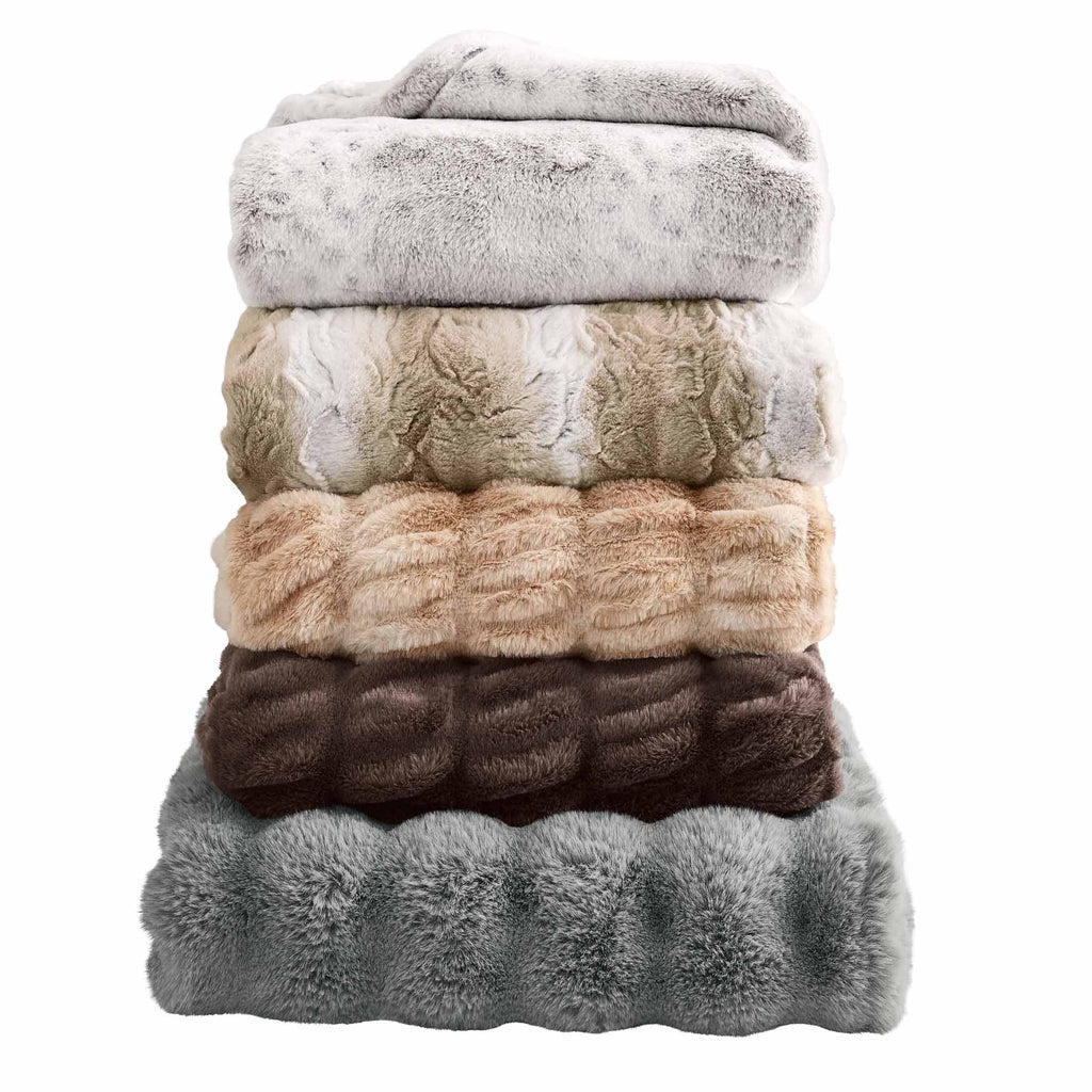 Reversible Sherpa Almond Biscuit Ombre Faux Fur Throw, 50"x72" - Luxury Knitted Decorative Throw Blanket with Fringes Detail