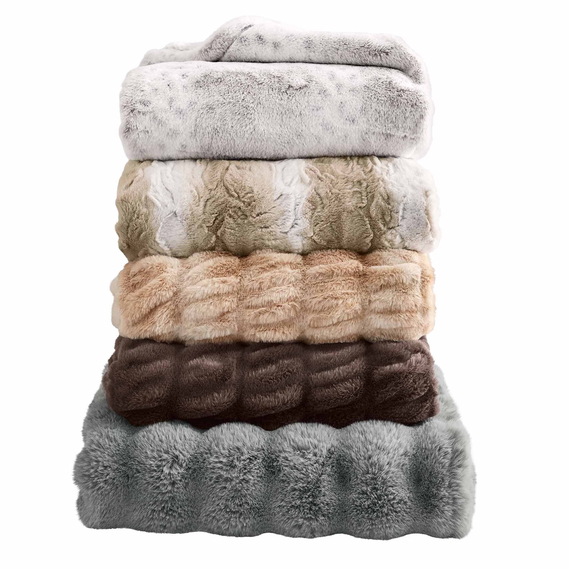 Reversible Sherpa Almond Biscuit Ombre Faux Fur Throw, 50"x72" - Luxury Knitted Decorative Throw Blanket with Fringes Detail
