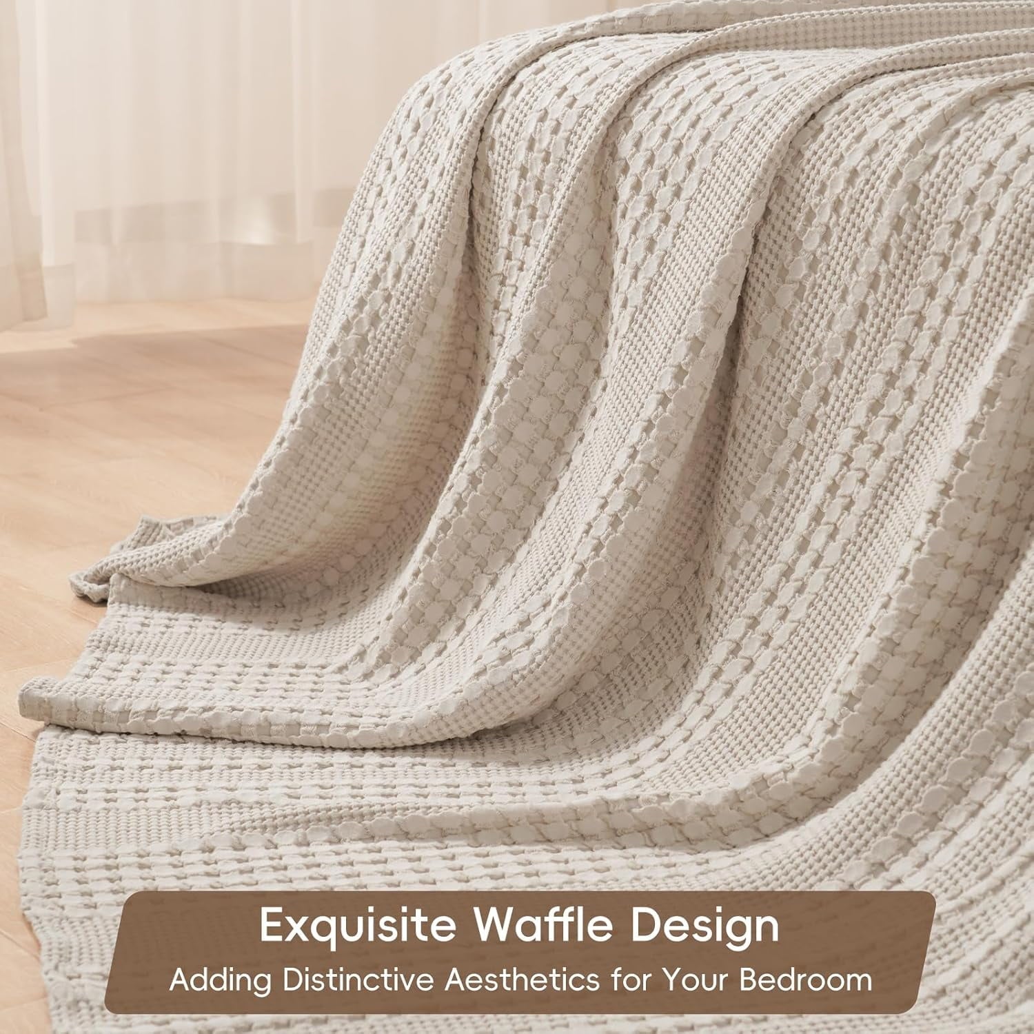 Decorative Knitted 100% Cotton Waffle Weave Blanket, Lightweight Throw Washed Blanket for Bed Sofa Home Decor, Oatmeal, 50"x60" - Cozy Fleece Throw Blanket for Couch & Bed Detail