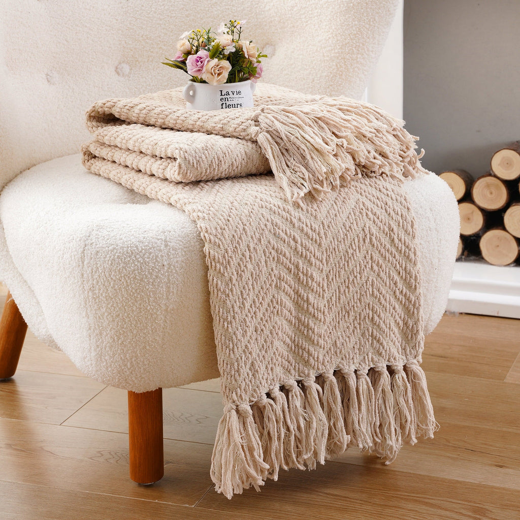 Reversible Sherpa Beige Throw Blanket,Textured Knitted Tan Throws with Tassels,Neutral Sofa Bed Throws,50"x60" - Super Soft Reversible Sherpa Flannel Blanket Detail