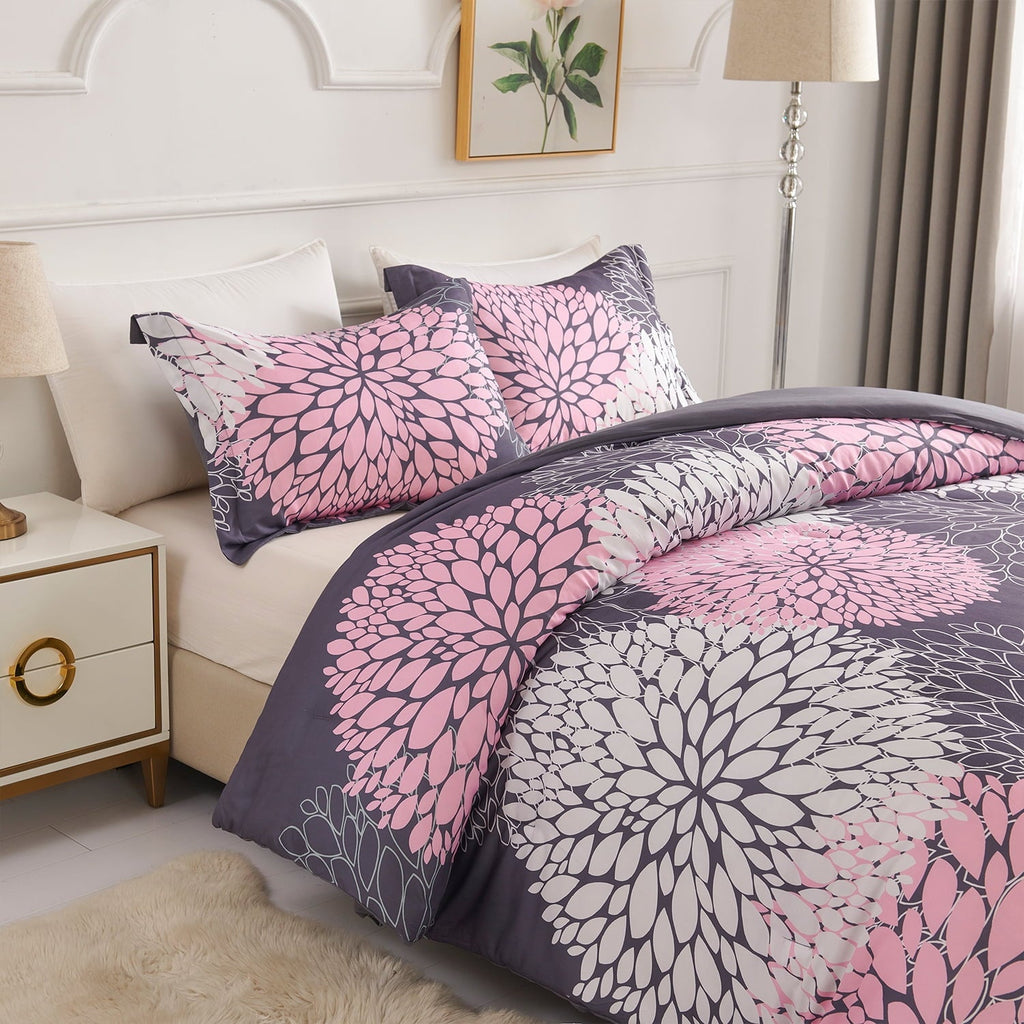Fluffy Down Alternative 2 Pieces Pink Floral Comforter Set Twin Size, Botanical Bedding Sets with Cute Flowers Printing for Teen Girls - Hypoallergenic Ultra-Fluffy Quilt for Winter Detail