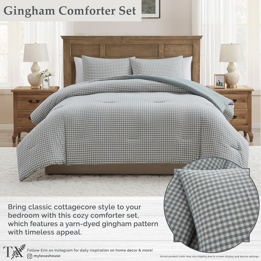 Luxurious Quilted Full/Queen Comforter Set, All-Season, 3-Piece, Green Gingham Plaid - Hypoallergenic Ultra-Fluffy Quilt for Winter Detail