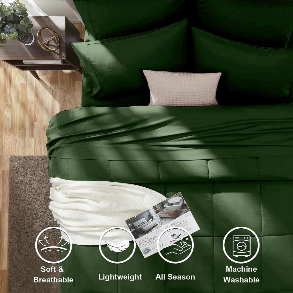 Luxurious Quilted Queen Comforter Set Forest Green Bed in a Bag Queen Size 7 Pieces Soft Bed Set Lightweight Microfiber Green Bedding C... - Hypoallergenic Ultra-Fluffy Quilt for Winter Detail