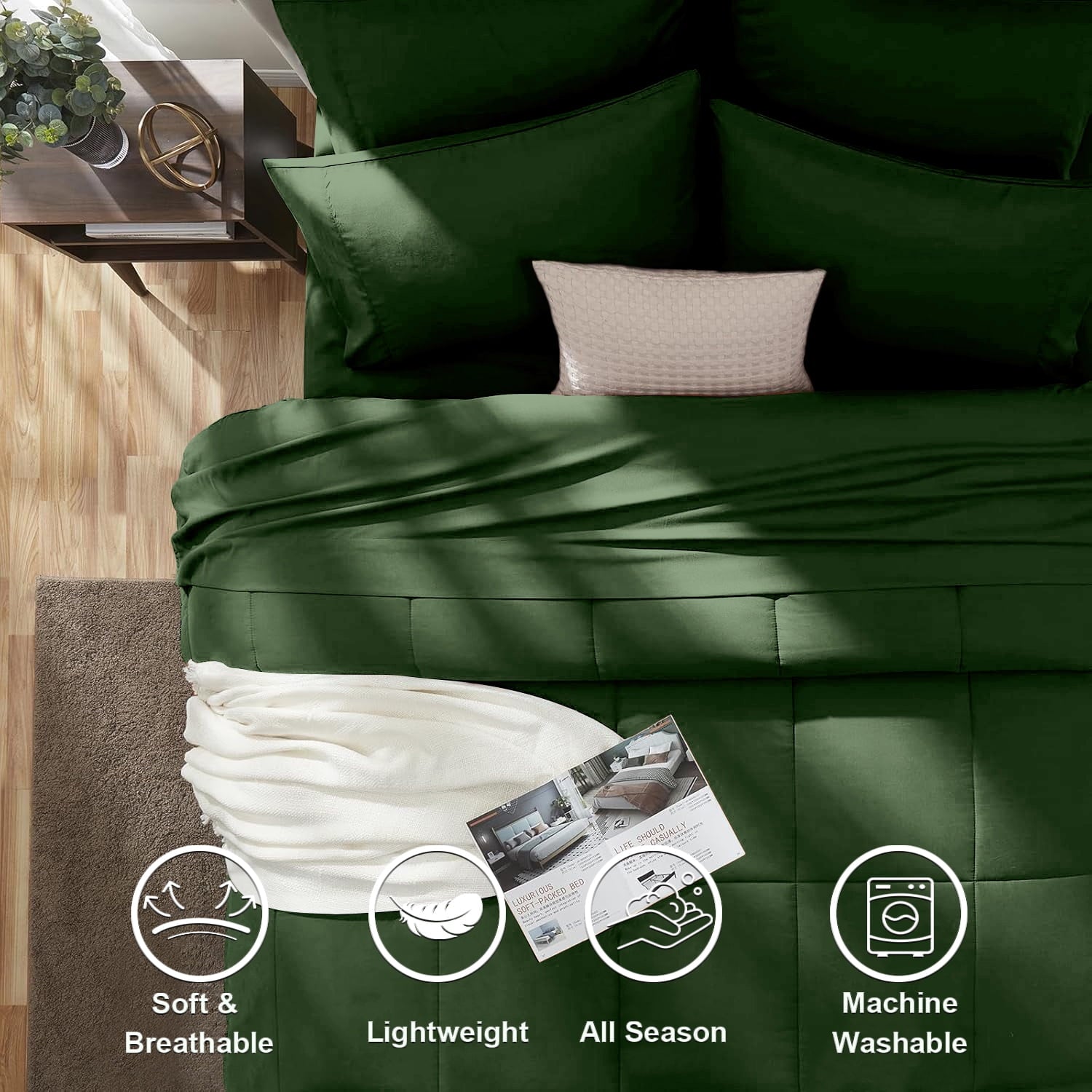 Luxurious Quilted Queen Comforter Set Forest Green Bed in a Bag Queen Size 7 Pieces Soft Bed Set Lightweight Microfiber Green Bedding C... - Hypoallergenic Ultra-Fluffy Quilt for Winter Detail