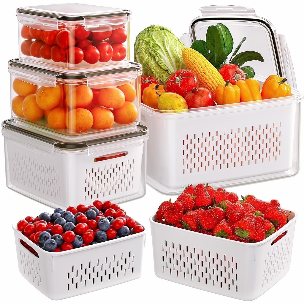 Deliciously Squishy 5 Pack Fruit Storage Containers for Fridge with Removable Colanders and Lids, 5 in 1 Leakproof Fridge Organizer Bins ... - Playful Star & Heart Shaped Geometric NeeDoh - Default Title