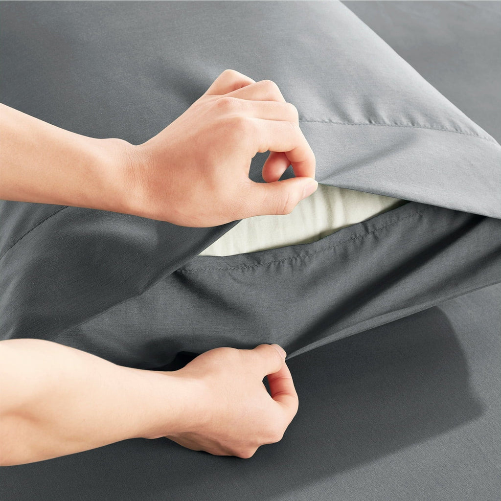 Cooling Sateen Virtu Bed Sheets Set, Deep Pocket Rayon Derived 4 Piece Queen Sheets sets, Gray - Cooling Hotel Quality Bedding Sheets and Pillowcases Detail