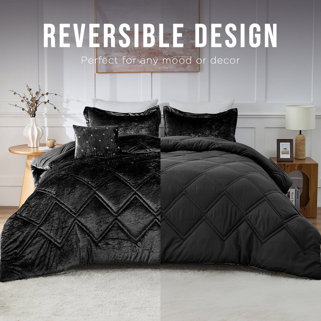 Hypoallergenic Cloud King/Cal King Size Comforter Sets, Velvet Bedding Comforter Set for All Seasons, Black Bedding Set with Decor Pillow - All-Season Down Alternative Comforter Insert - Default Title