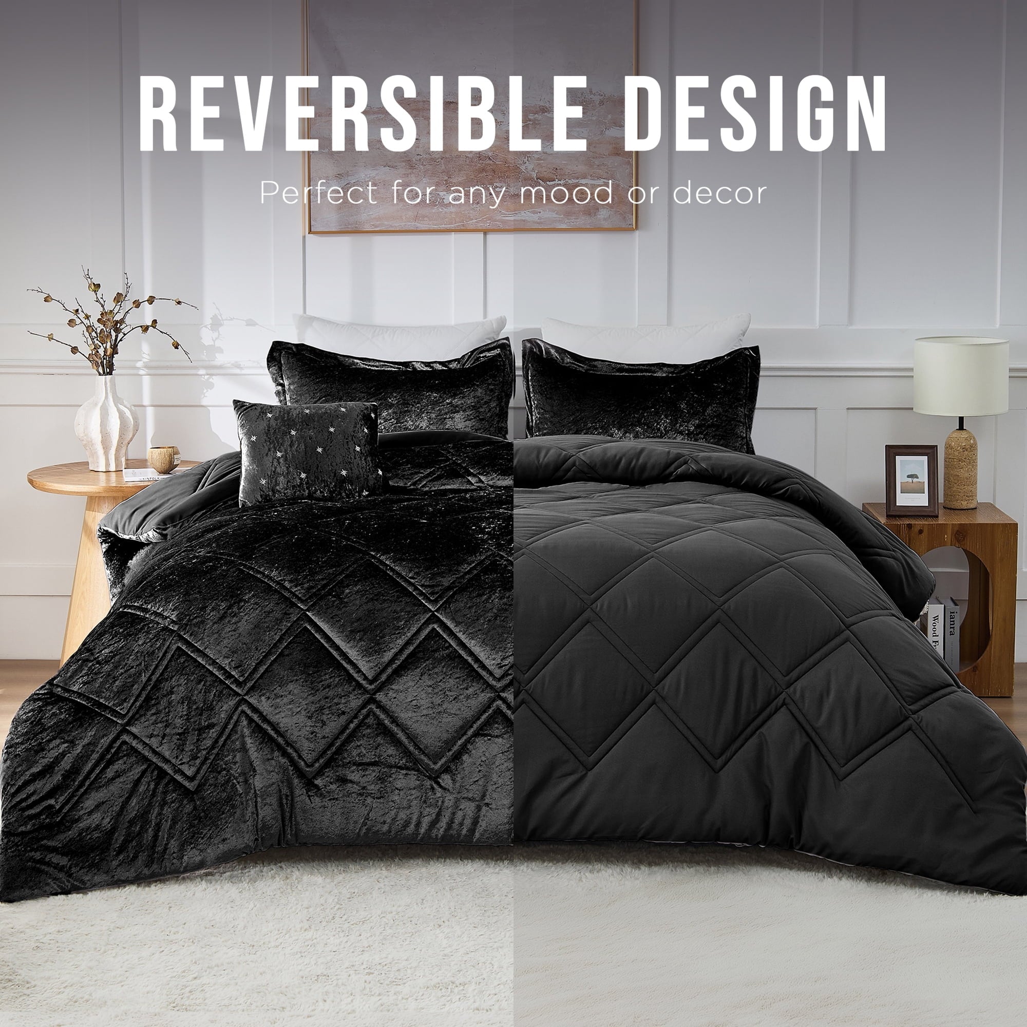 Hypoallergenic Cloud King/Cal King Size Comforter Sets, Velvet Bedding Comforter Set for All Seasons, Black Bedding Set with Decor Pillow - All-Season Down Alternative Comforter Insert - Default Title