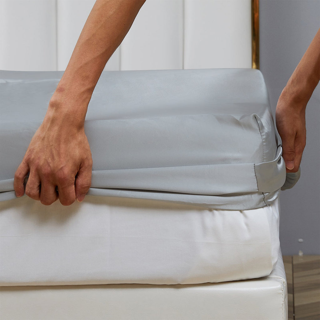 Breathable Luxury Satin Fitted Sheet King Size 14 Inch Deep Pocket Bed Sheet Silk Sheet Ultra Soft Machine Washable, Light Gray - Premium Ultra-Soft Pillowcase Pair for Sleeping Detail
