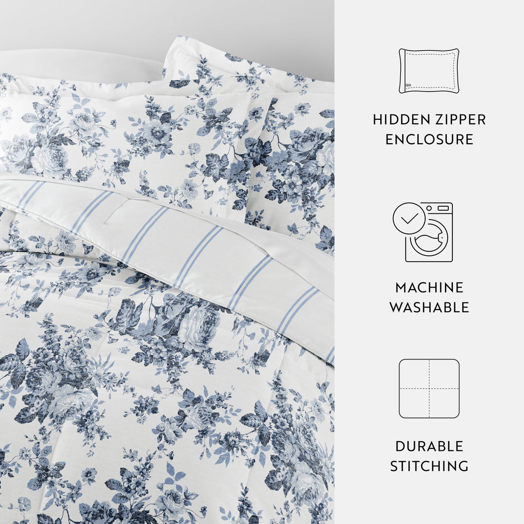 Fluffy Down Alternative Down Alternative Cabbage Rose Stripe Stone Reversible Comforter Set - All-Season Down Alternative Comforter Insert Detail