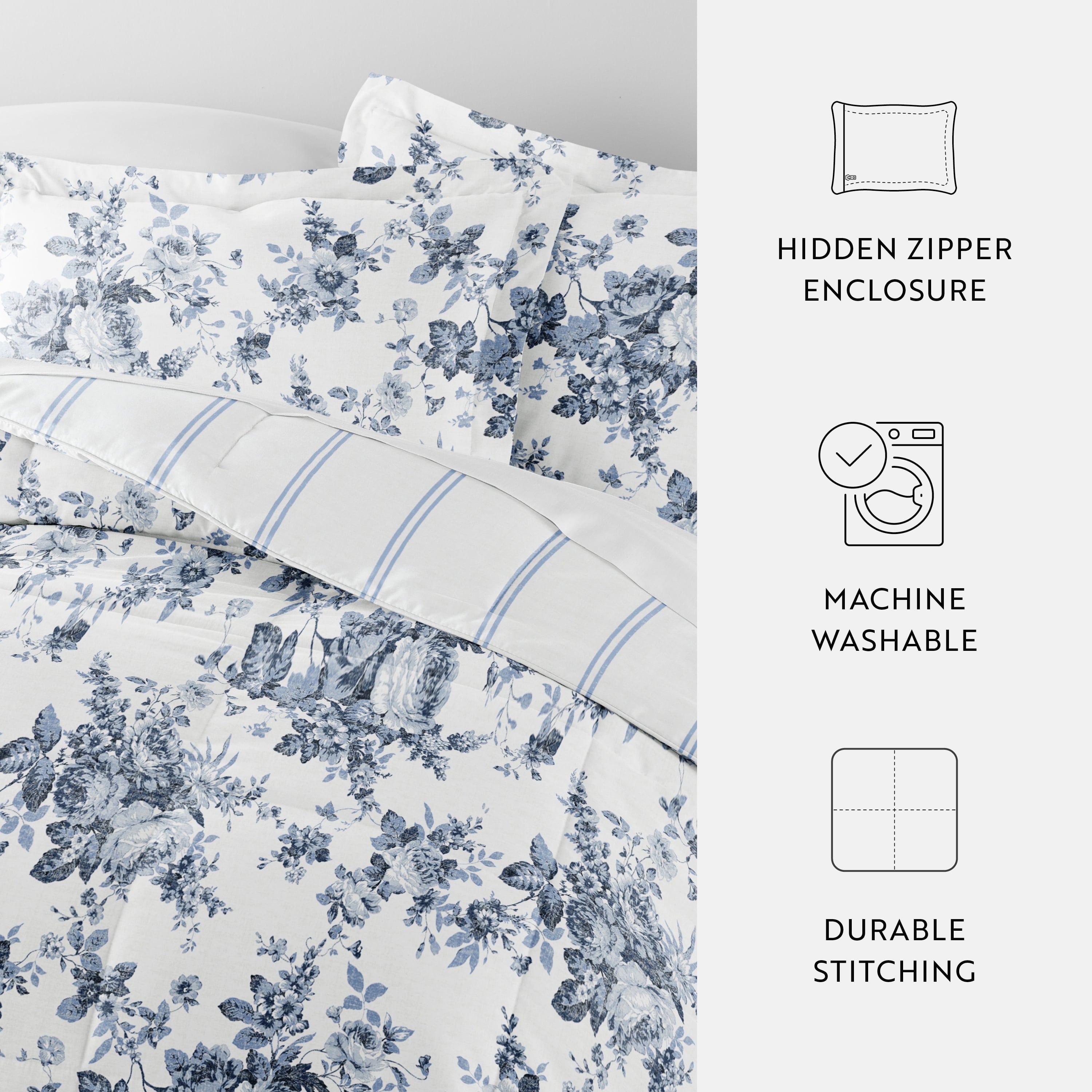 Fluffy Down Alternative Down Alternative Cabbage Rose Stripe Stone Reversible Comforter Set - All-Season Down Alternative Comforter Insert Detail