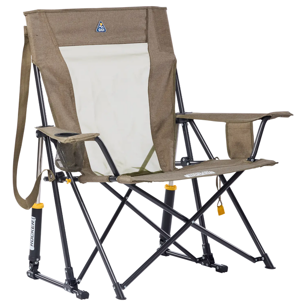 Luxury Camp Comfort Pro Rocker XL - Choice 107 - Heavy-Duty Kickback Rocker with Beverage Holder - Heathered Aged Fatigue