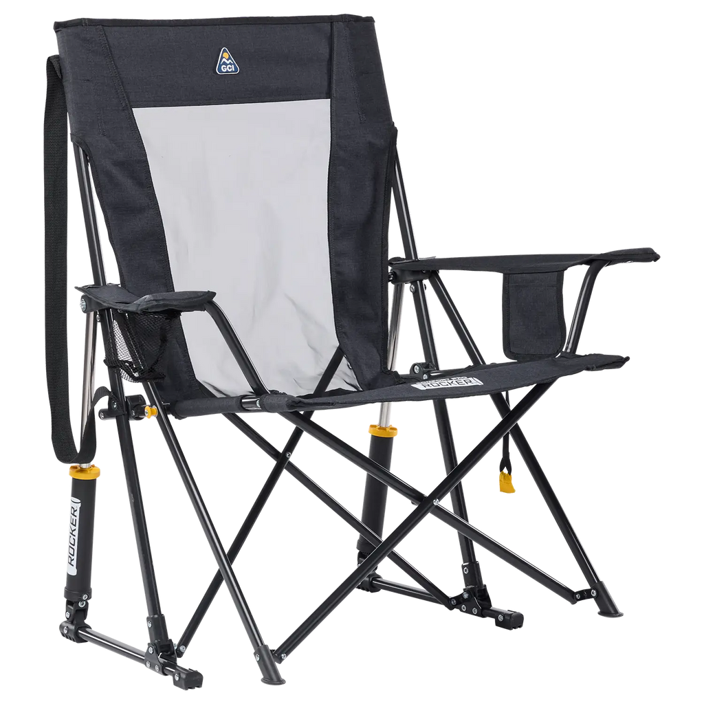 Luxury Camp Comfort Pro Rocker XL - Choice 107 - Heavy-Duty Kickback Rocker with Beverage Holder - Heathered Charcoal