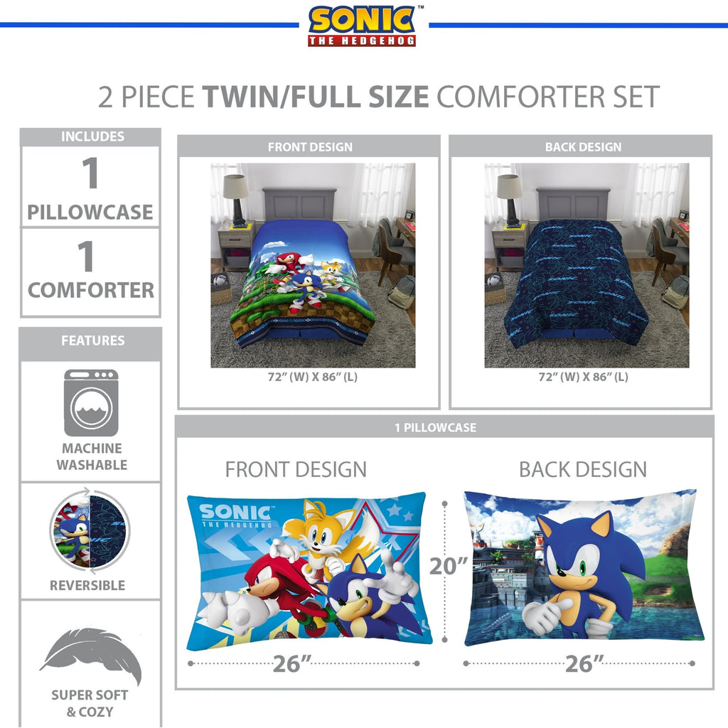 Hypoallergenic Cloud Sonic the Hedgehog Kids 2 Piece Blue Green Reversible Comforter and Pillowcase set, Twin/full - Cloud-Like Soft Lightweight Bed Comforter Detail