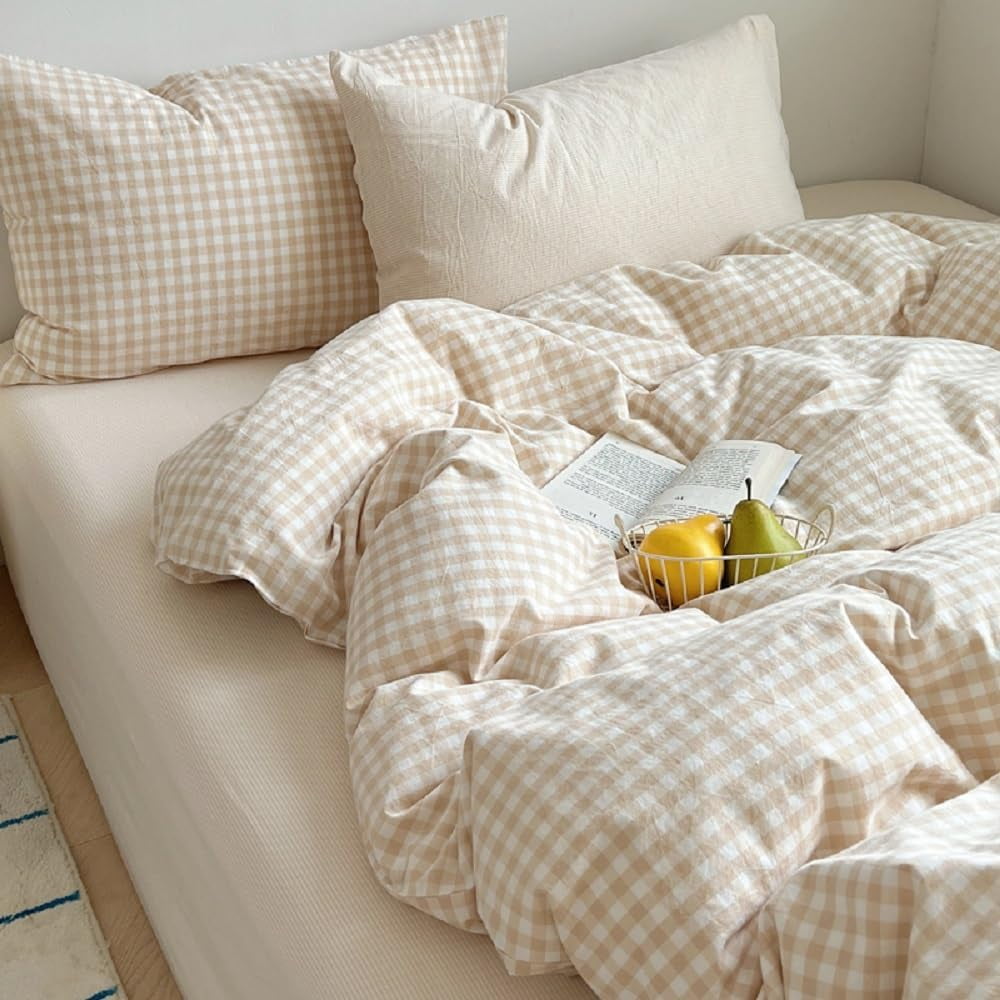 Fluffy Down Alternative Soft Beige White Plaid Comforter Twin Sets, 2 Pieces Breathable Plaid Buffalo Checkered Comforter for All Season - All-Season Down Alternative Comforter Insert Detail