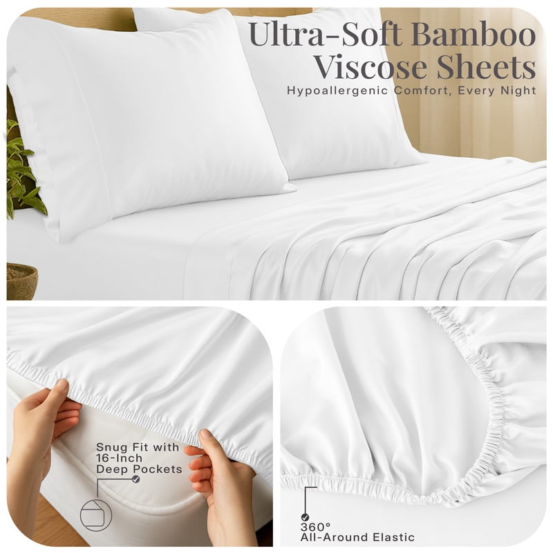 Premium Egyptian Cotton Lux Decor 100% Organic Viscose - 4 Piece Ultra-Soft Luxury Cooling Bed Sheets, 16" Deep Pocket, Breathable & Hypoalle... - Premium Ultra-Soft Pillowcase Pair for Sleeping Detail