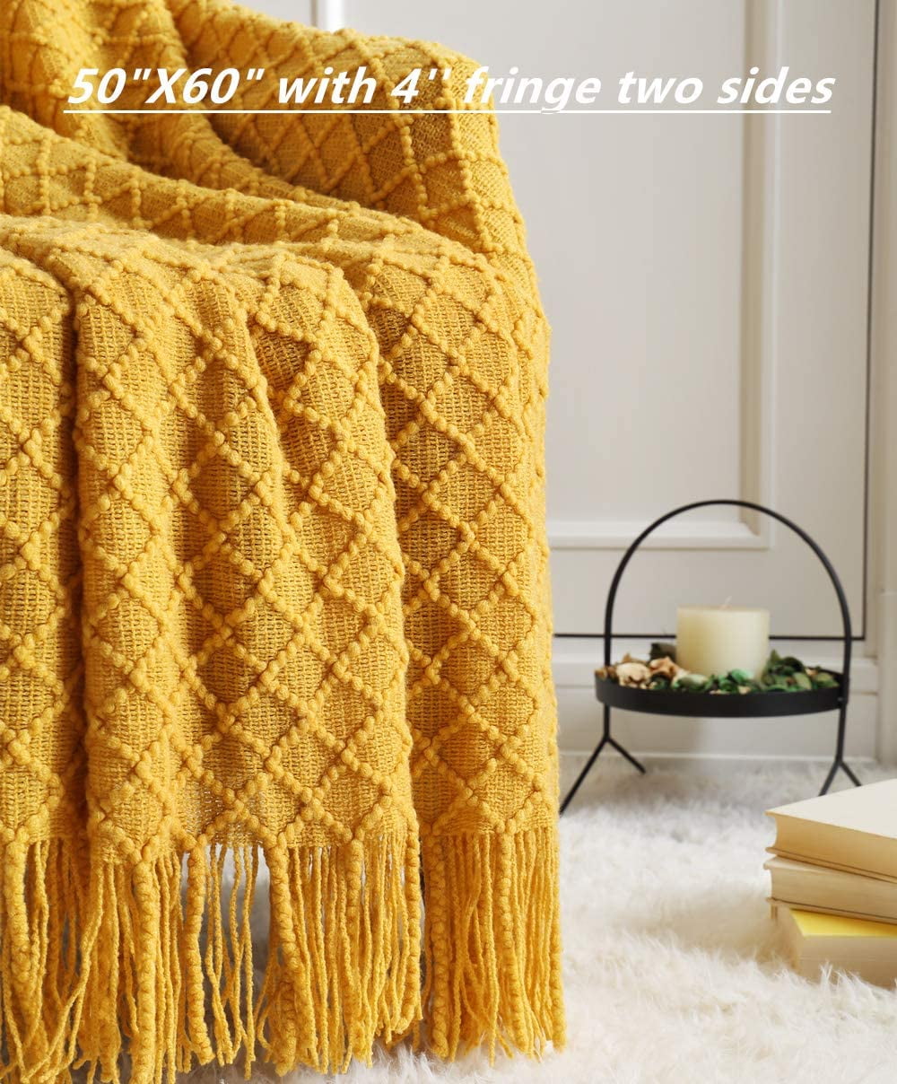 Super Soft Flannel Decorative Soft Spring Summer Fall Throw Blanket ,for Couch Sofa Chair Bed,50''X60'',Mustard Yellow - Luxury Knitted Decorative Throw Blanket with Fringes Detail