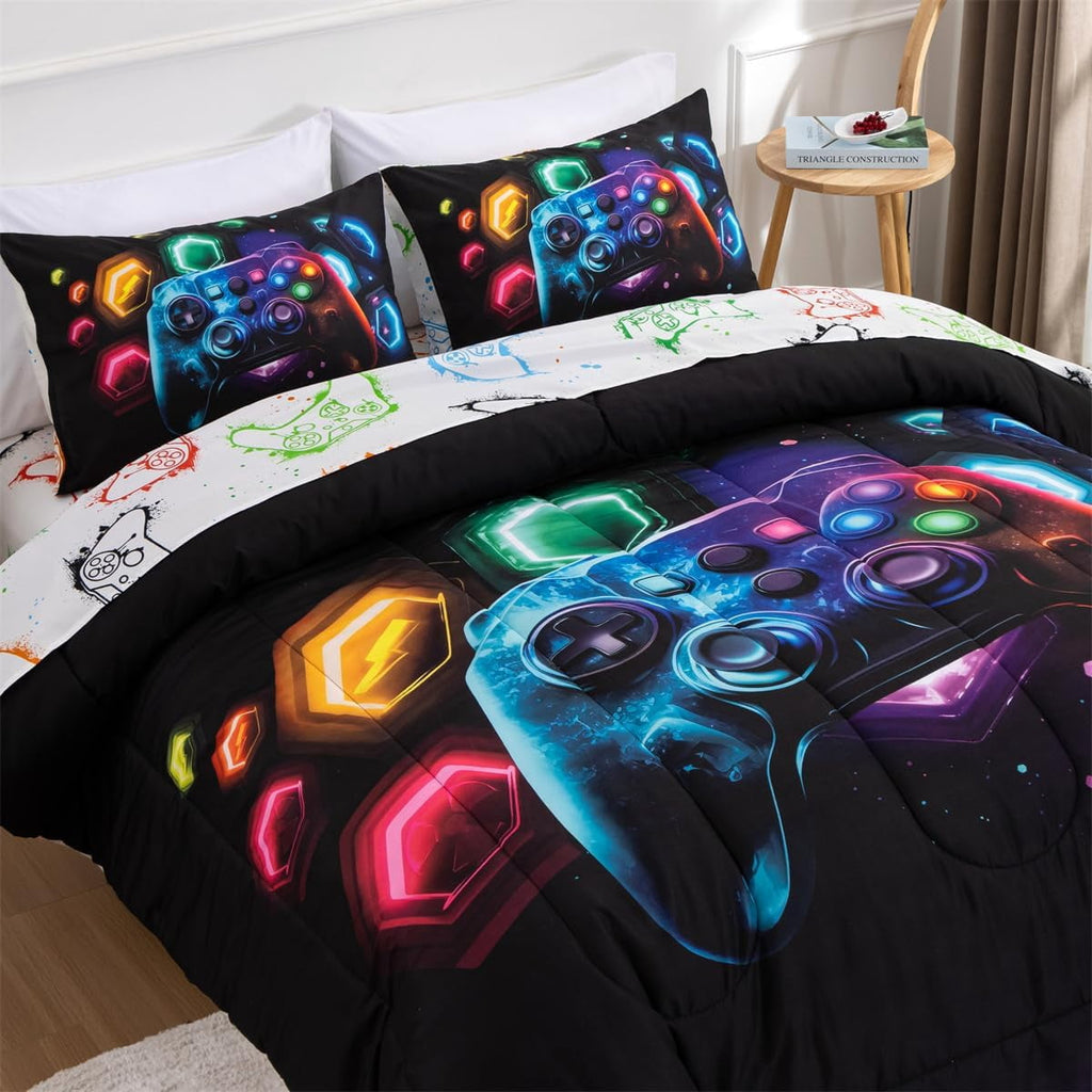 All-Season Game Console Comforter Set for Boys Girls Kids Space Universe Gaming Geometric Lightweight Microfiber Gamer Bedding S... - Luxurious Quilted Duvet Cover Set Detail