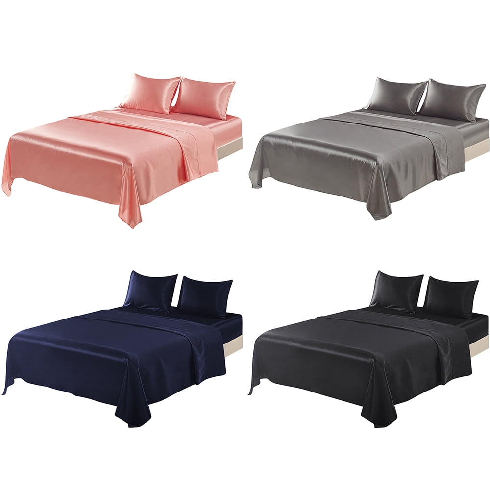 Cooling Sateen Twin Silk Gray Bed Sheet Set Deep Pocket Bed Flat Fitted Sheet, 3-Pieces - Cooling Hotel Quality Bedding Sheets and Pillowcases Detail
