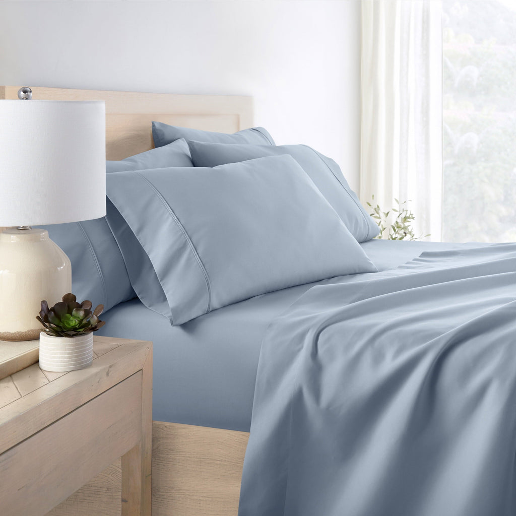 Cooling Sateen Queen, Light Blue Solid Microfiber 6 Piece Bed Sheet Set - Premium Ultra-Soft Pillowcase Pair for Sleeping Detail