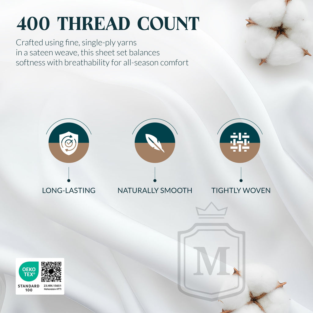 Wrinkle-Resistant 100% Cotton Sheets For Queen Size Bed - Luxury 400 Thread Count Queen Sheet Set, 4 Piece Sateen Weave Queen White Cot... - Premium Ultra-Soft Pillowcase Pair for Sleeping Detail