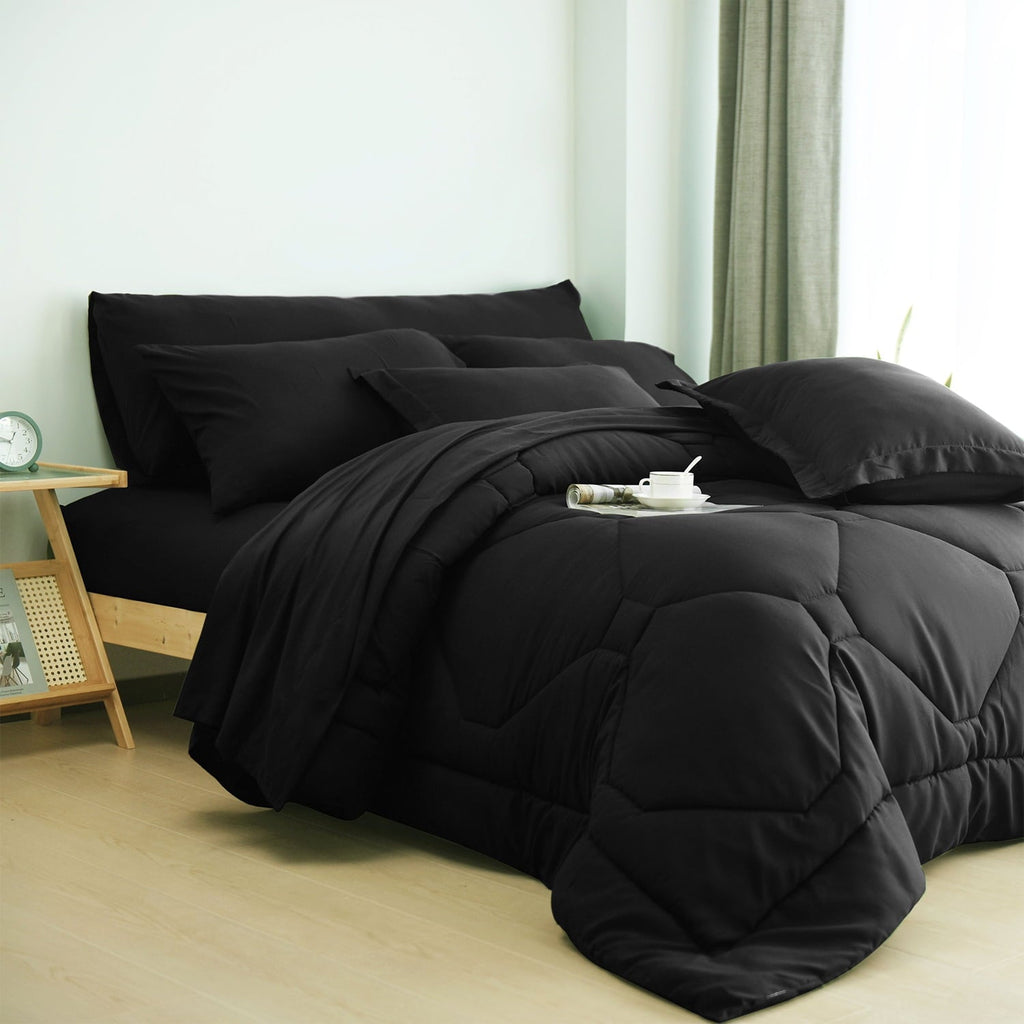 Hypoallergenic Cloud 8 PCS Modern Comforter Set with Sheets All Season Bed in a Bag, Black, Queen Size - Luxurious Quilted Duvet Cover Set Detail
