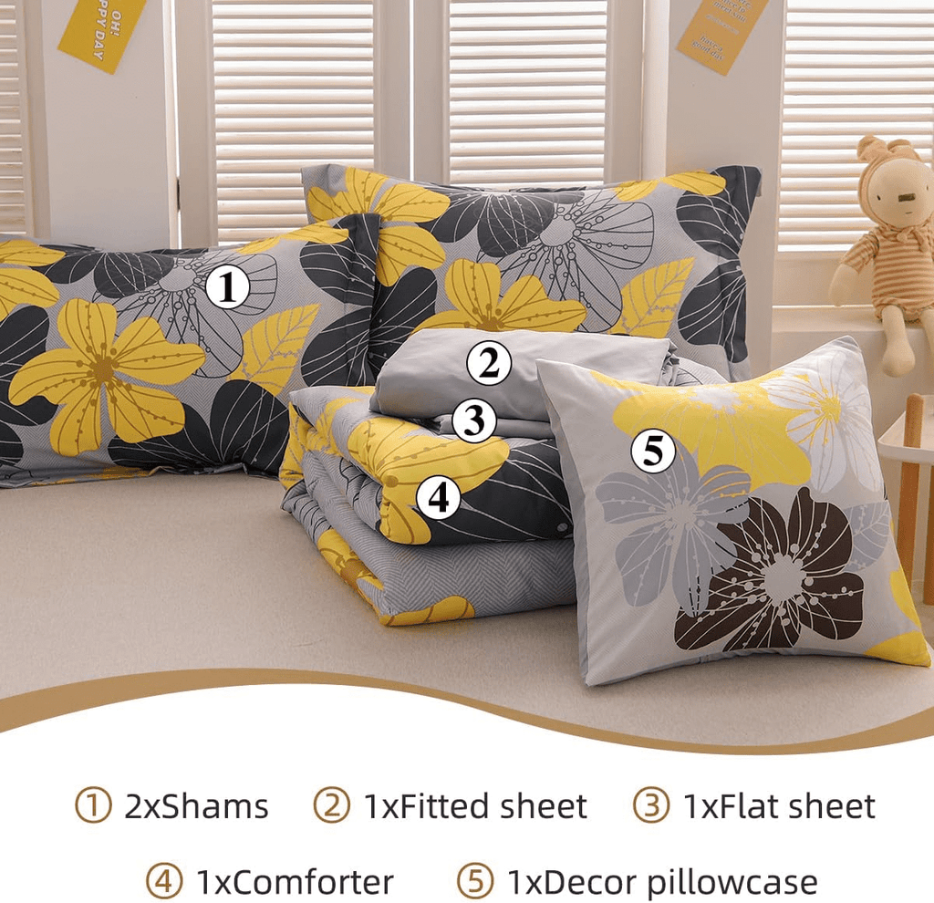 Luxurious Quilted Yellow Floral Comforter Set Queen Flower Bed Set Adult Soft Botanical Boho Bedding Set - Luxurious Quilted Duvet Cover Set Detail