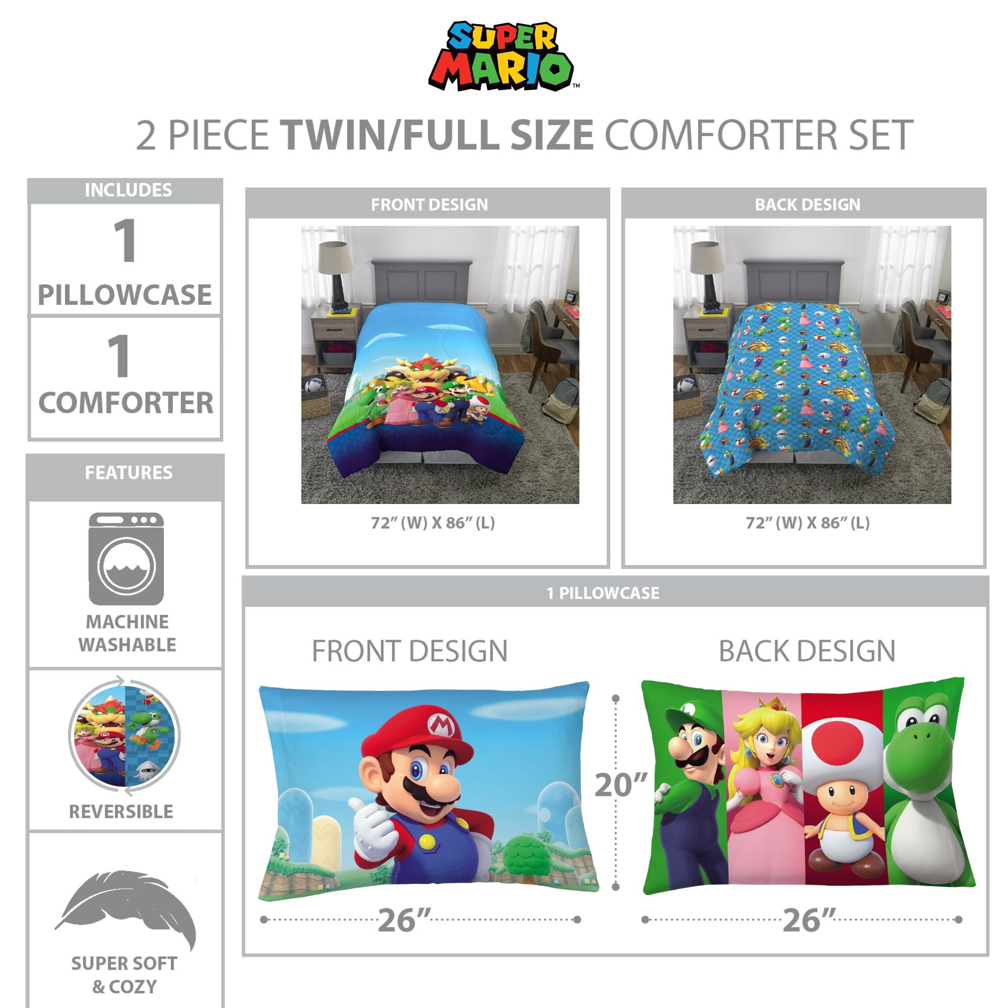 Heavyweight Warmth Kids Comforter and Pillowcase, 2-Piece Set, Twin/Full, Reversible - All-Season Down Alternative Comforter Insert Detail